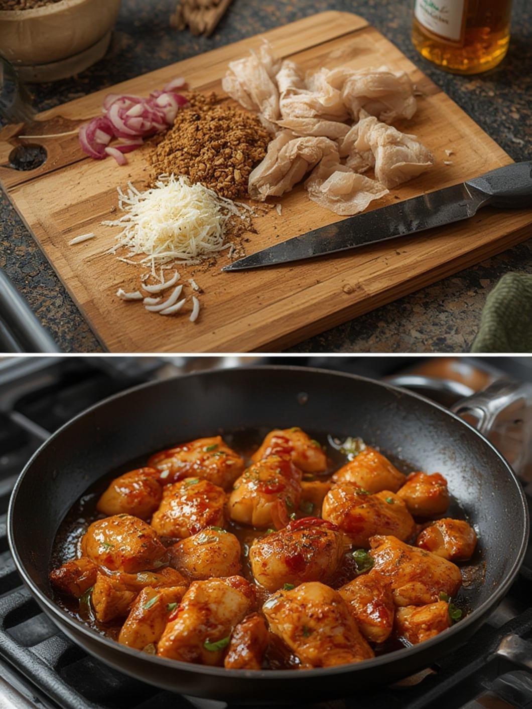 Overcooked chicken with burnt sauce